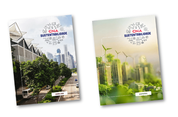 Na imagem vemos as capas de dois materiais desenvolvidos pelo CNA Idiomas. Os materiais são intitulados "CNA Sustentabilidade" e possuem versões em inglês e em espanhol.